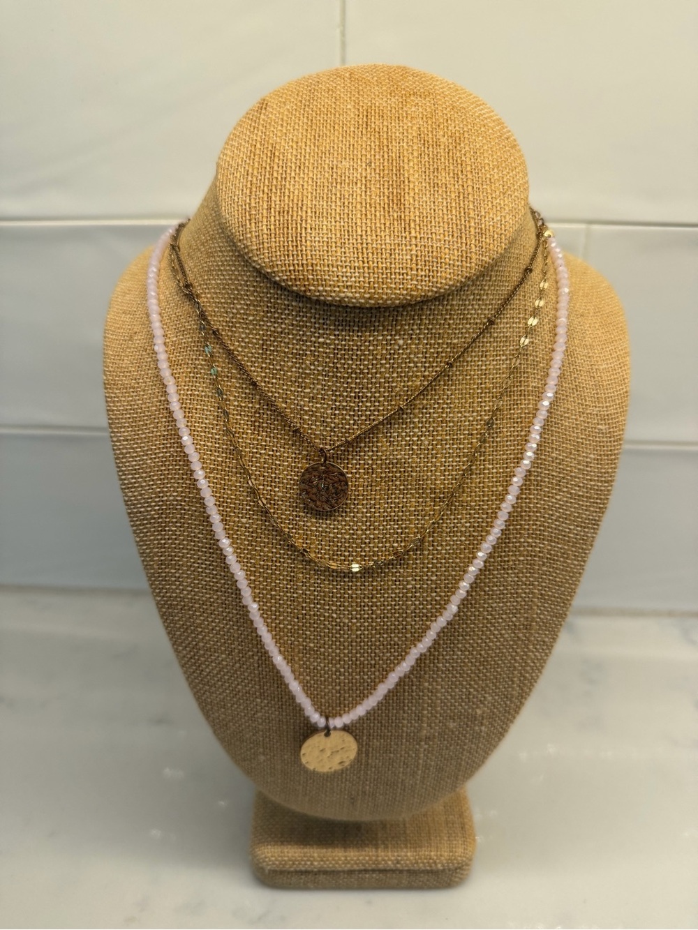 Layered Gold and Light Pink Coin Pendant Necklace Set